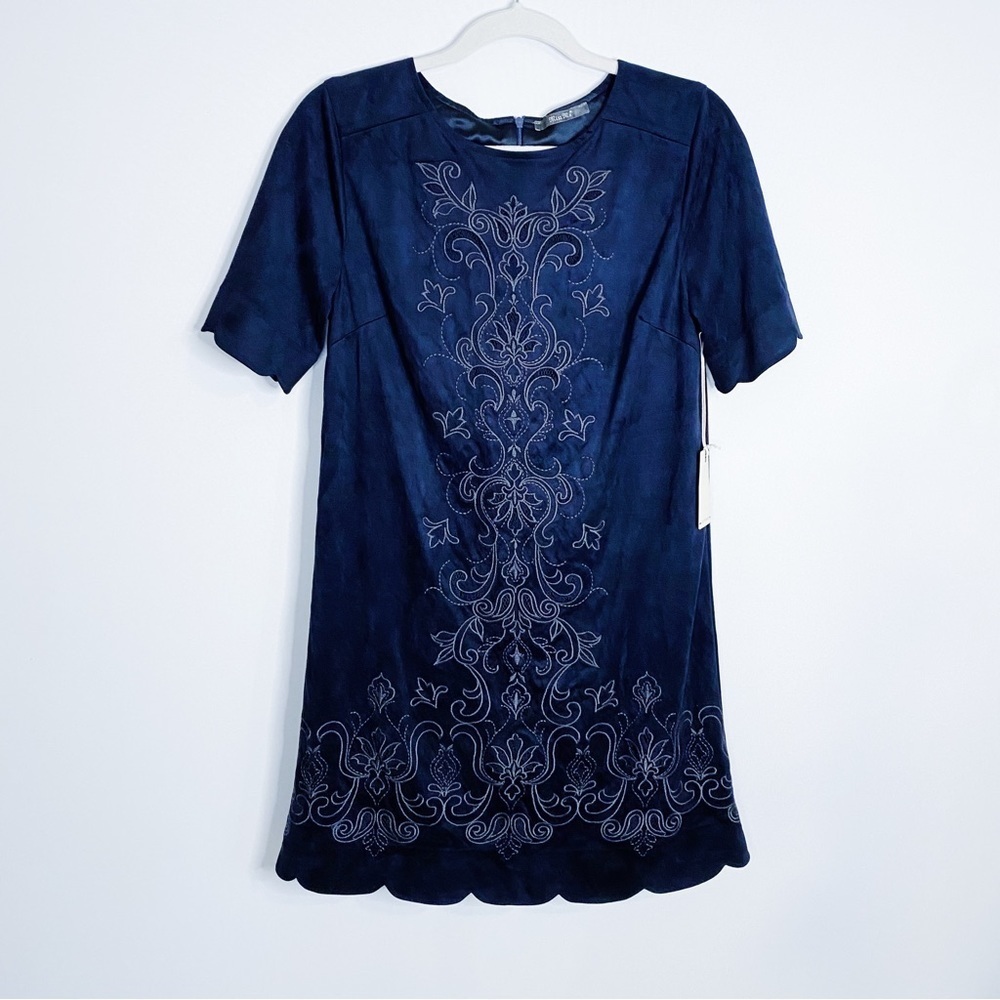 Miss Me - Navy Suede Embroidered Dress